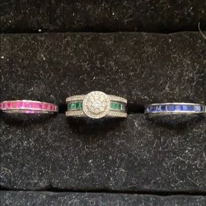 4 piece Ring Set Diamond Pink Blue Green Sapphires